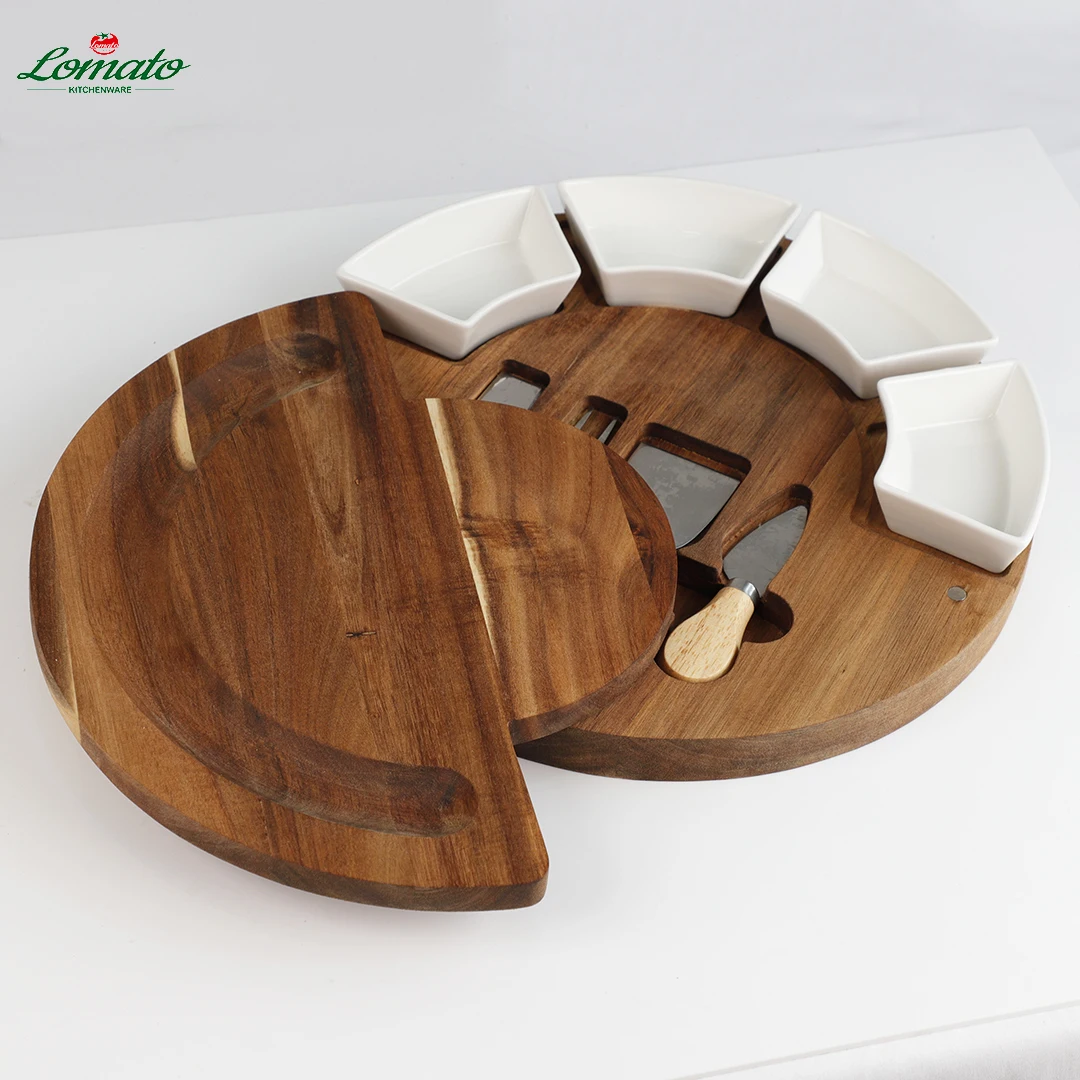 2024 personalised hardware christmas  wooden acacia wood cheese grazing charcuterie board and knife set with 4 ceramic sauce