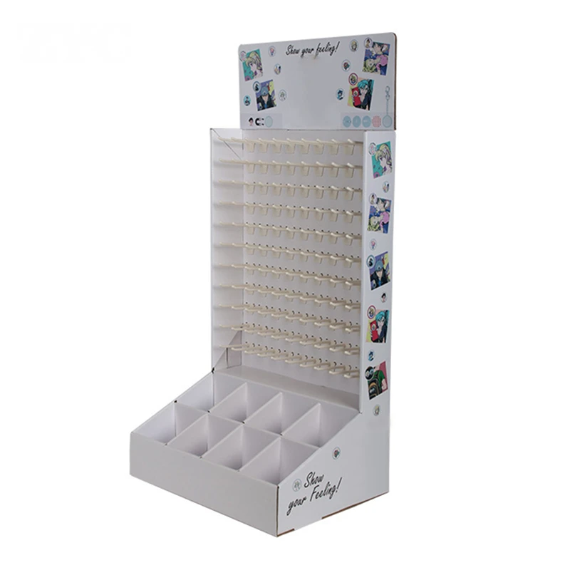 Free Standing Foldable Cardboard Hooks Display Paper Hanging Floor Display Racks for Supermarket