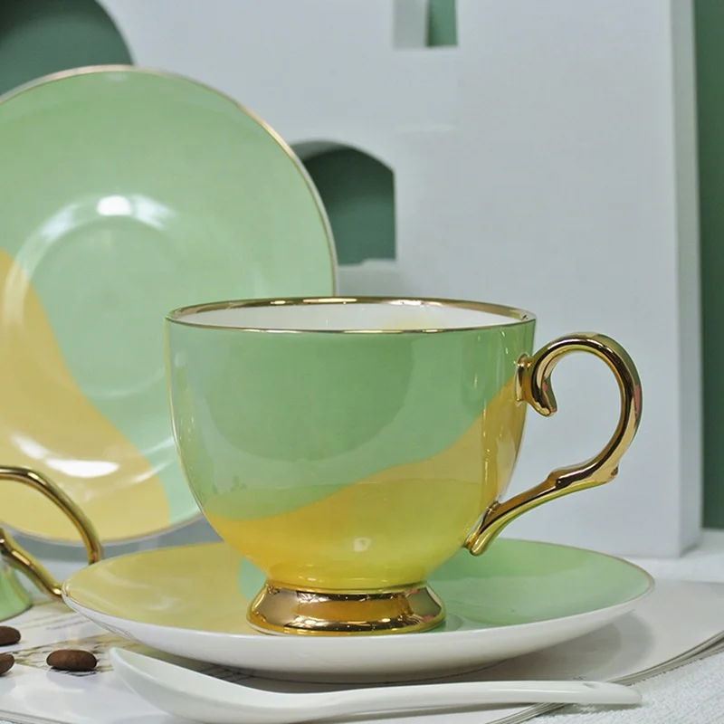 Porcelain Contrast Color Gradient Tea Cups and Saucers Set Pink Blue Green Luxury Ceramic Coffee Cup set