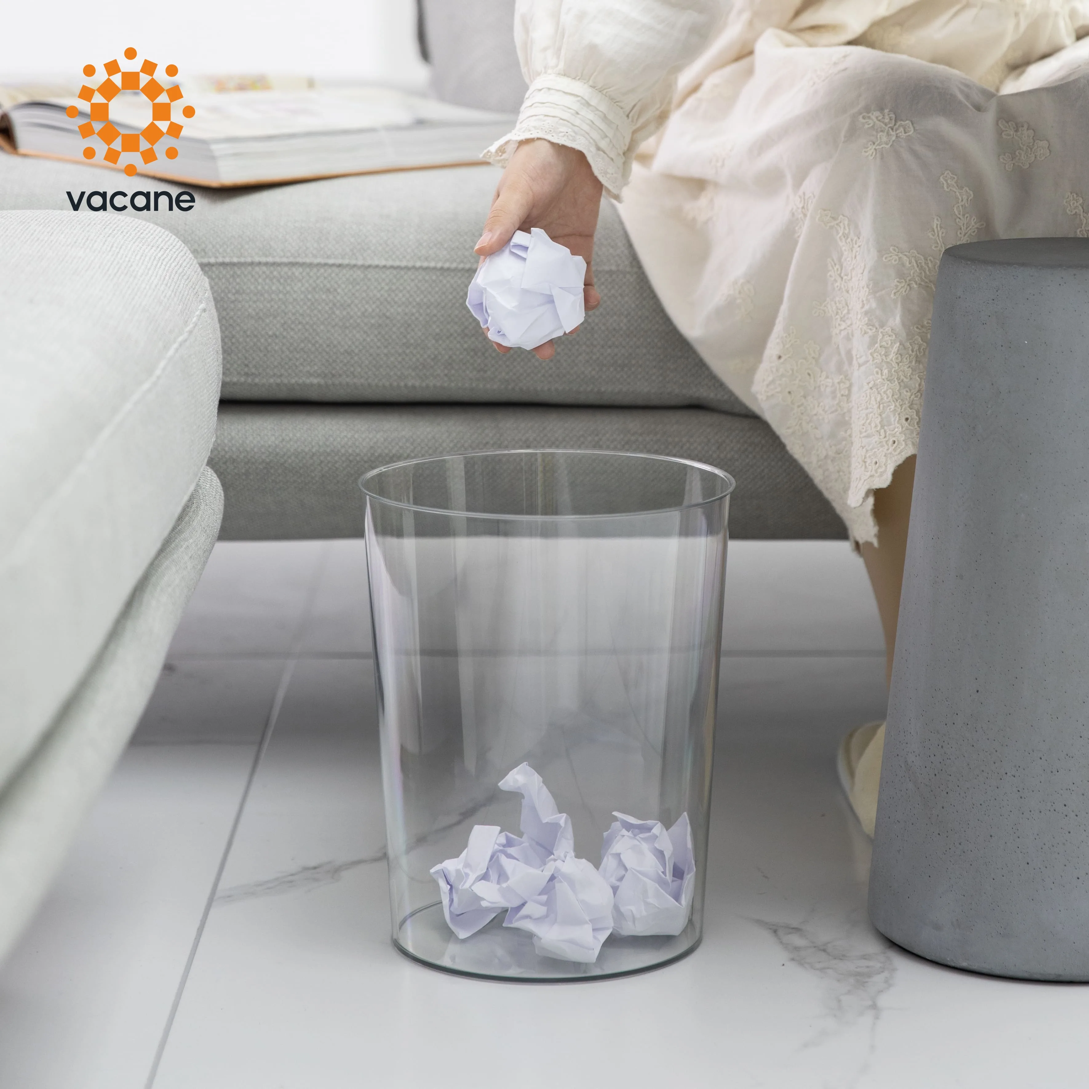 Vacane Stylish Transparent Kitchen Bathroom Round 10L Waste Bin Minimalist PET Plastic Trash Can Garbage Storage Bucket