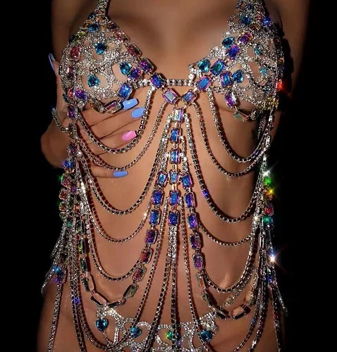 SHIHAN AB Color Crystal Stone Bikini Body Chain Bra Top Premium Jewel Crystal Drip 2022 Party Tops Body Chains For Women