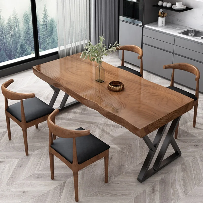 Log dining table and chair simple solid wood big board table dining table and chair combination in Home Restaurant
