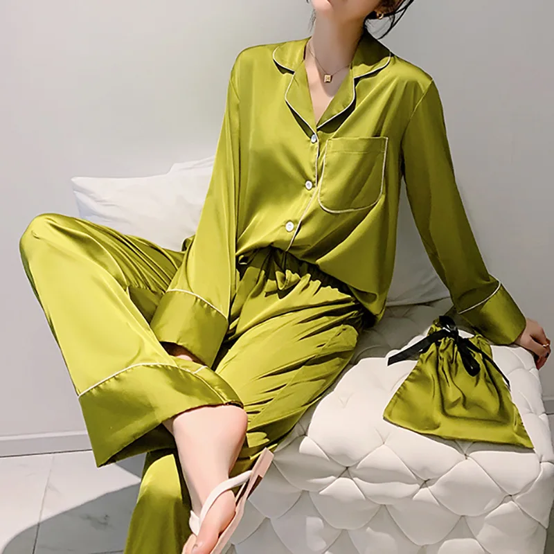Wholesale silk like satin plain pajamas set woman homewear pajamas