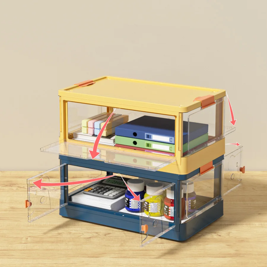 Office Tabletop Free Stacking Clear Sundries Kid Toys Storage Container Double Door Plastic Storage Box