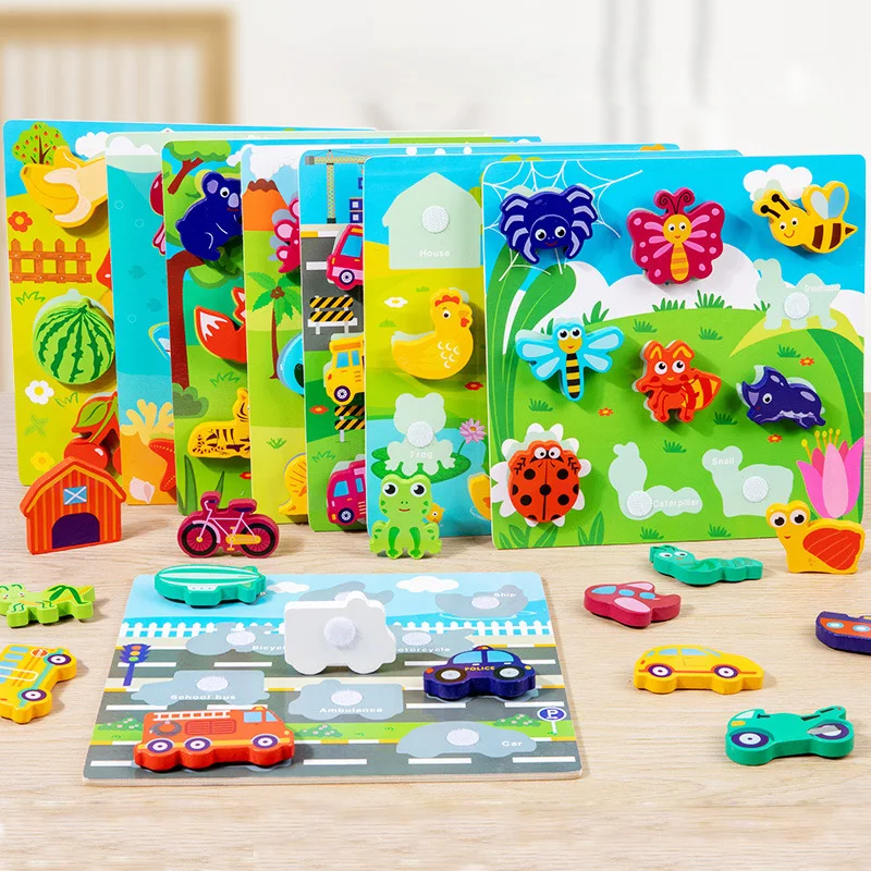 Wholesale toys kids 2024 Magic sticker tear pull jigsaw puzzle early children Montessori wooden large particle matching blocks