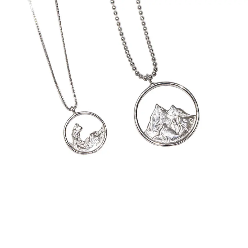 Dainty platinum 925 sterling silver round mountain shaped couple necklace for lovers