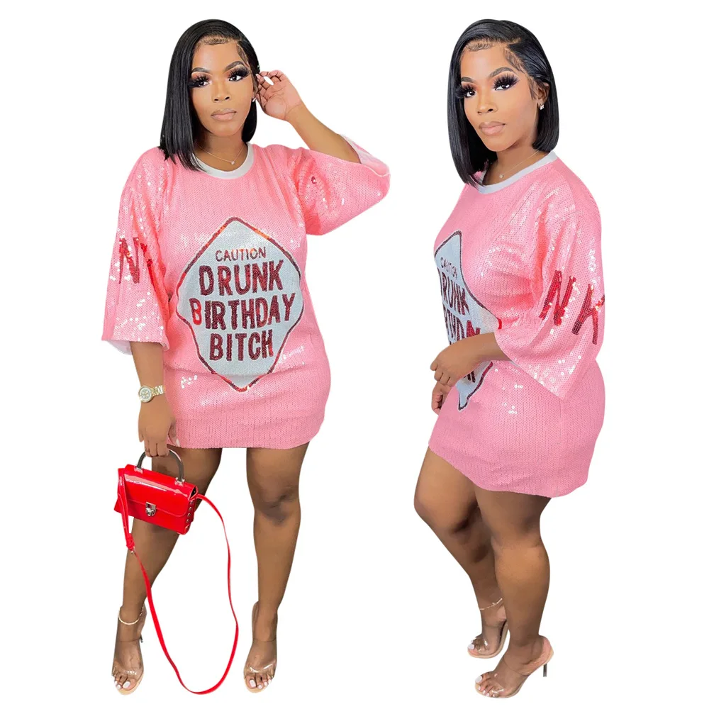 Spring Summer Letter Sequin T-shirt Mini Dress Woman Crew Neck Three Quarter Sleeve Club Dresses Sexy Club Party Casual Dress