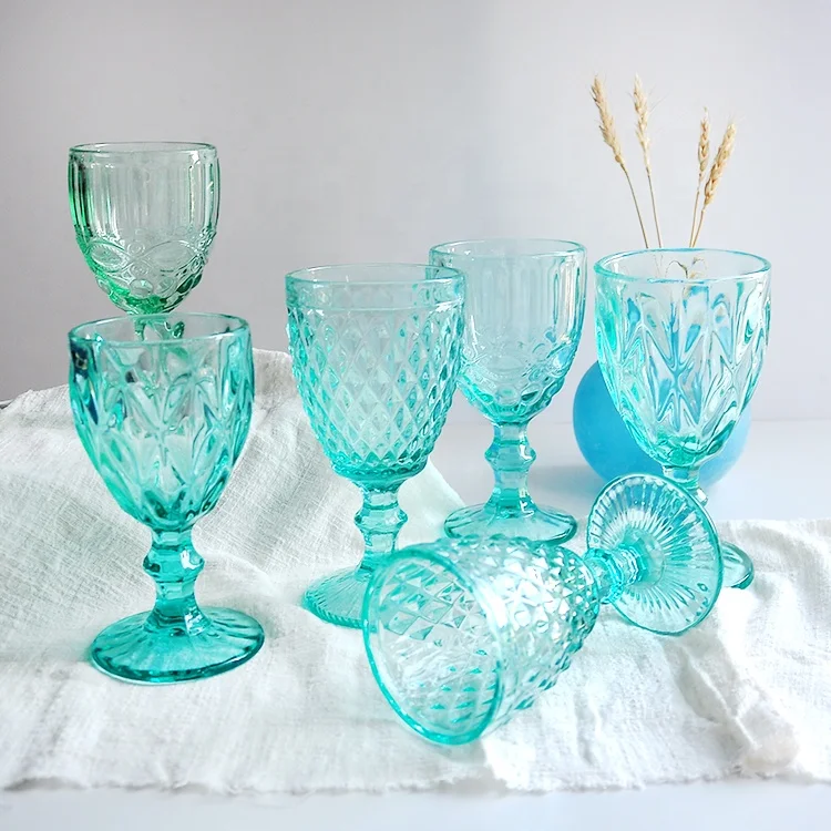 wholesale cheap black/blue/purple/green glass wine glasses water goblet embossed glassware set