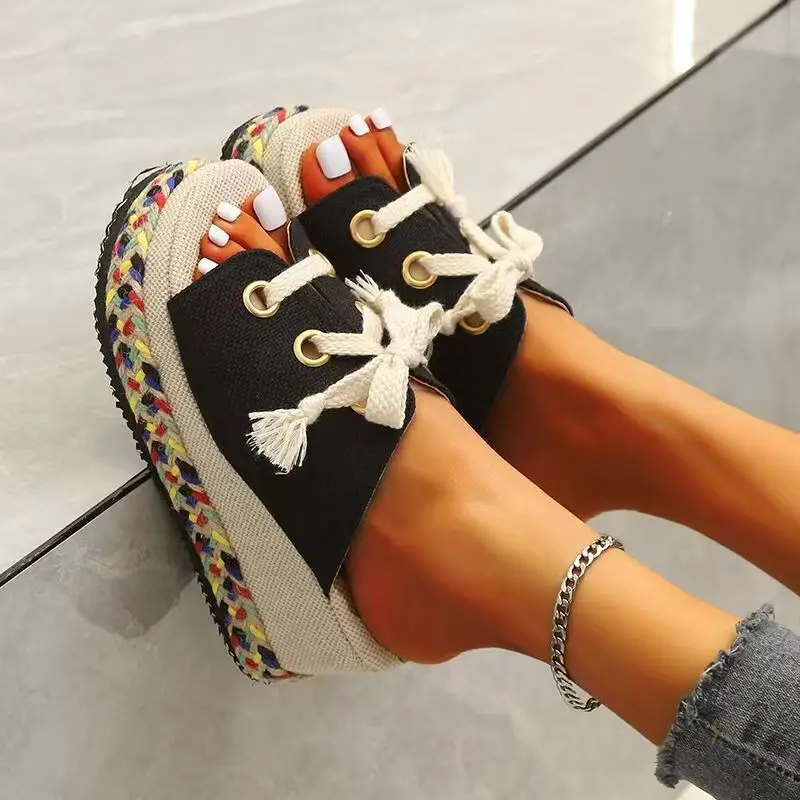 2022 Summer Braided Lace-up High-heeled Bulk Sandals Women Canvas Slippers Plus Size Open-toe Wedges Hemp Rope Shoes