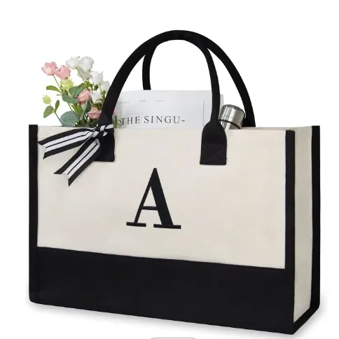 Women custom logo waterproof laminated Monogrammed beach gift cotton canvas tote shopping bag