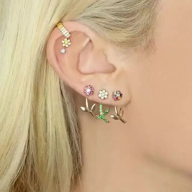 Red blue green yellow 4 colors bloom flower double sided earring for girl women elegance 2023 Gold jewelry