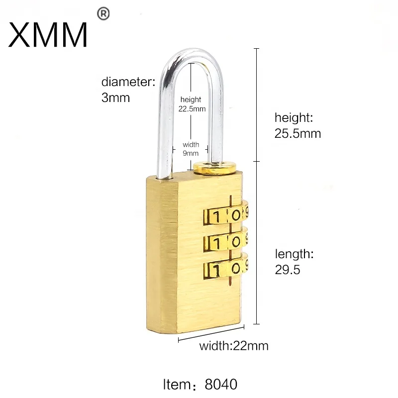  XMM-8040 медный 20 мм трехмерный цифровой латунный комбинированный портфель прочный замок безопасности для дорожной сумки с индивидуальным