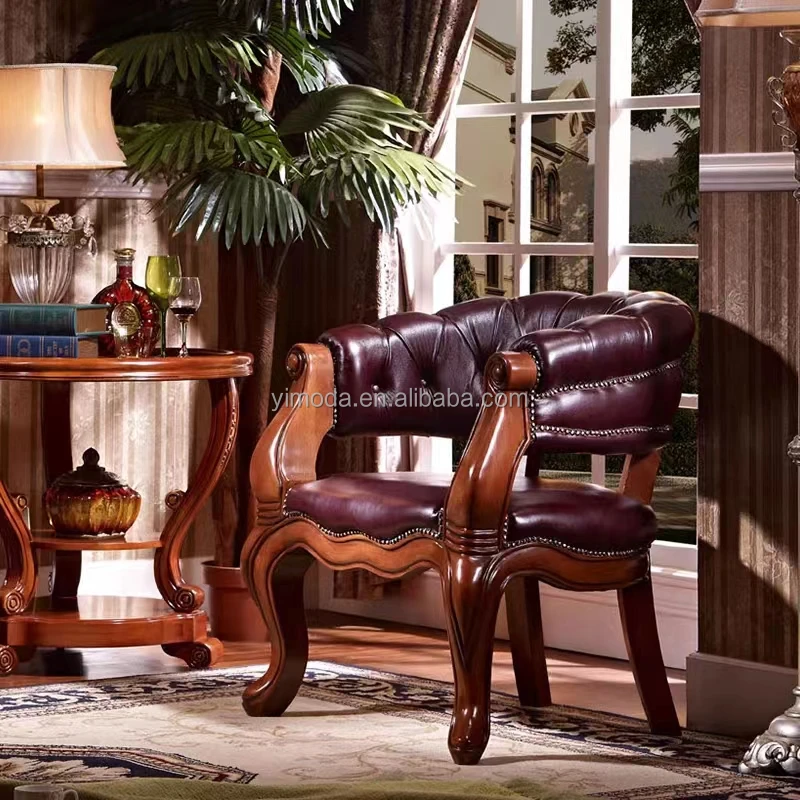 American Vintage Wooden Antique Upholstered Luxury chesterfield brown leather Accent Carved Chairs