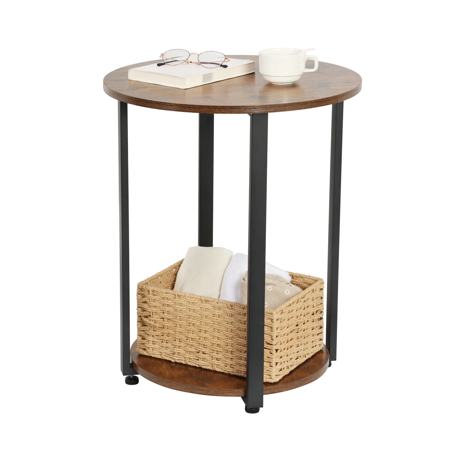 K&B high quality nordic wooden round 2 layer side coffee table with open storage space