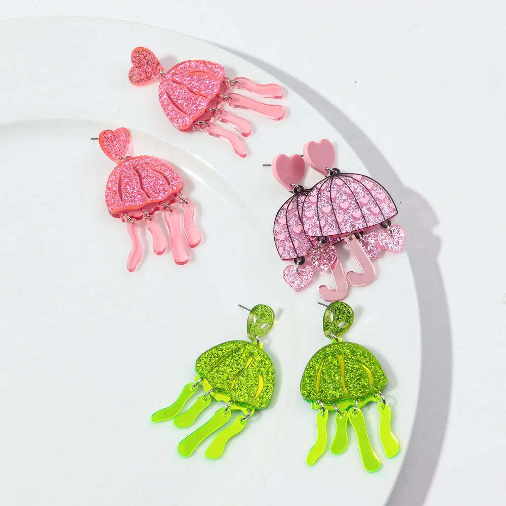 Fashion Sweet Girl Gift Colorful Glitter Umbrella Cartoon Jellyfish Green Tassel Pendant Pink Heart Acrylic Drop Earrings 2024
