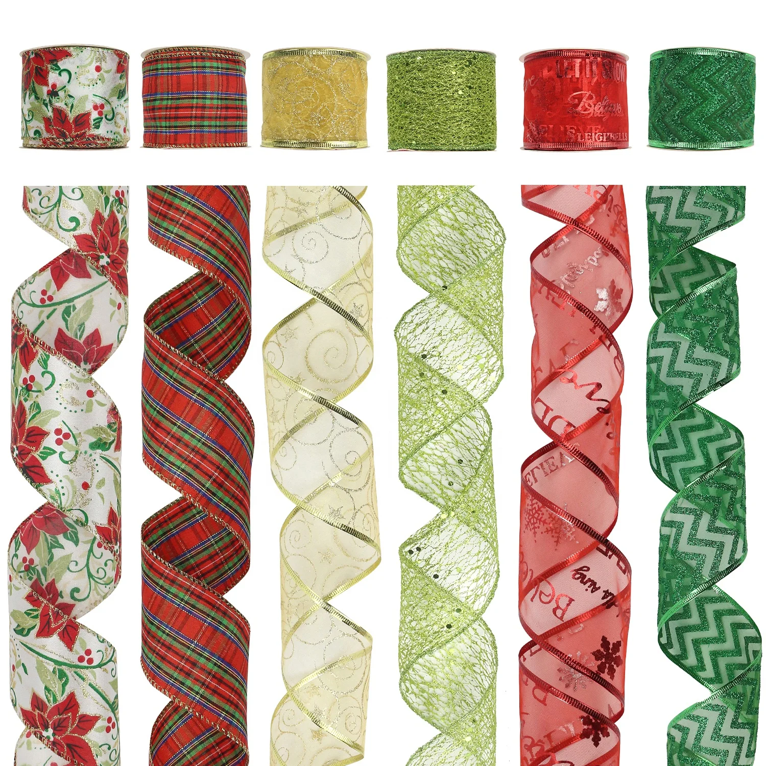 Huihuang Factory OEM Satin Burlap Sheer Assortment Glitter Wire Edge Christmas Ribbon