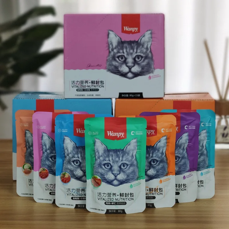 Wanpy Pet Snack Cat (Vital Nutrition) Fresh Package  7 Flavor Cat Treats Cat Food 80g