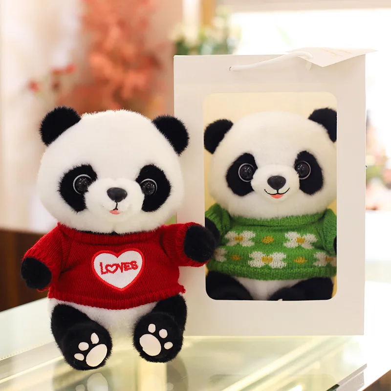 25cm Unisex Cute Simulation Panda Doll with Scarf Sweater and Plush Toy Usb Birthday OPP Bag Bear PP Cotton Filled Gift for Kids