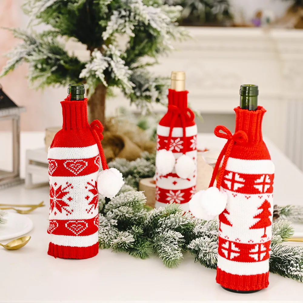 Christmas Red Wine Bottle Covers Handmade Knit Sweater Champagne Bags Reusable Wine Gift Bags For Christmas Birthday Decorations