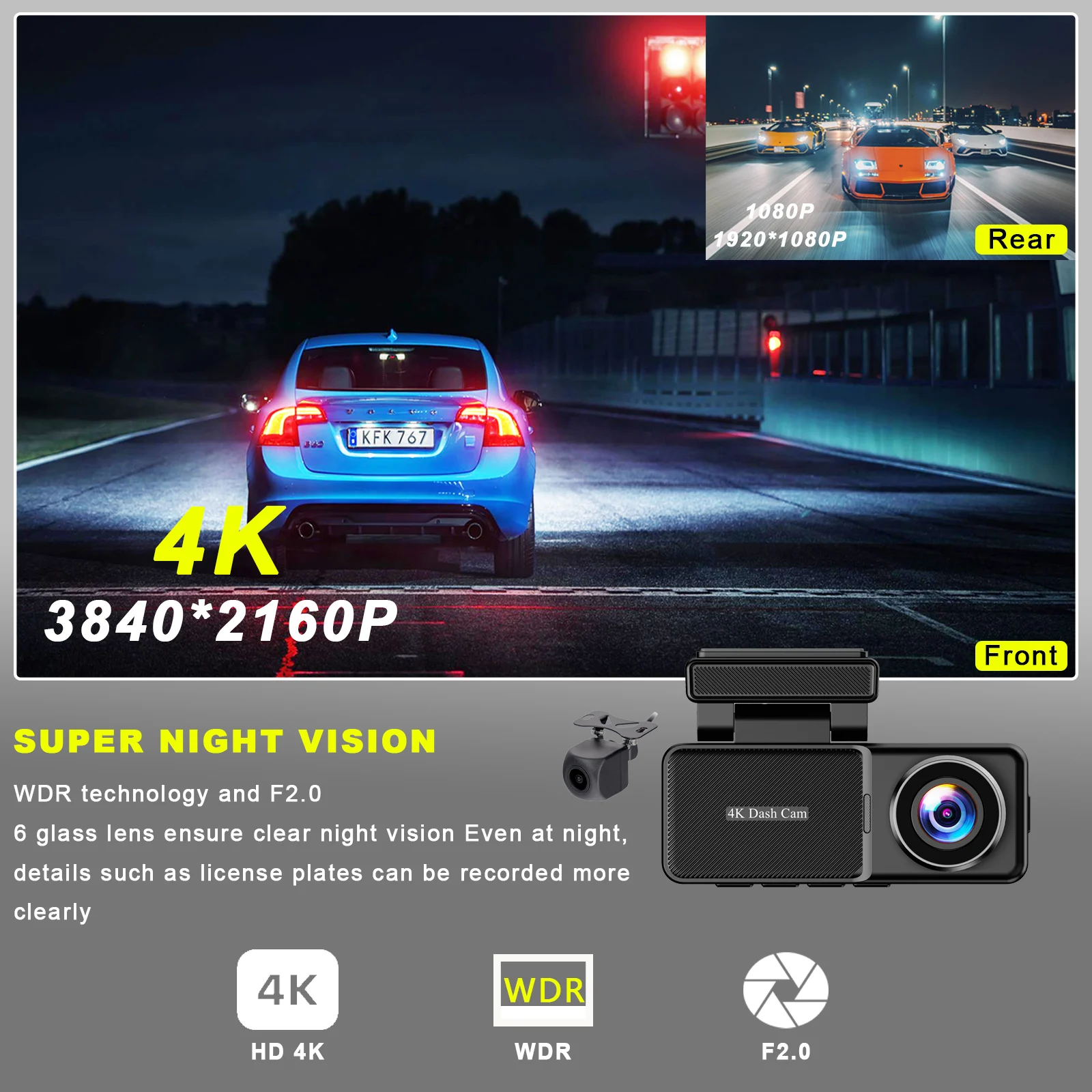 Manufacturer car camera 4K+1080P front and rear dual lens wifi gps dash cam 4k hd car black box dash camera car dvr 4k dashcam