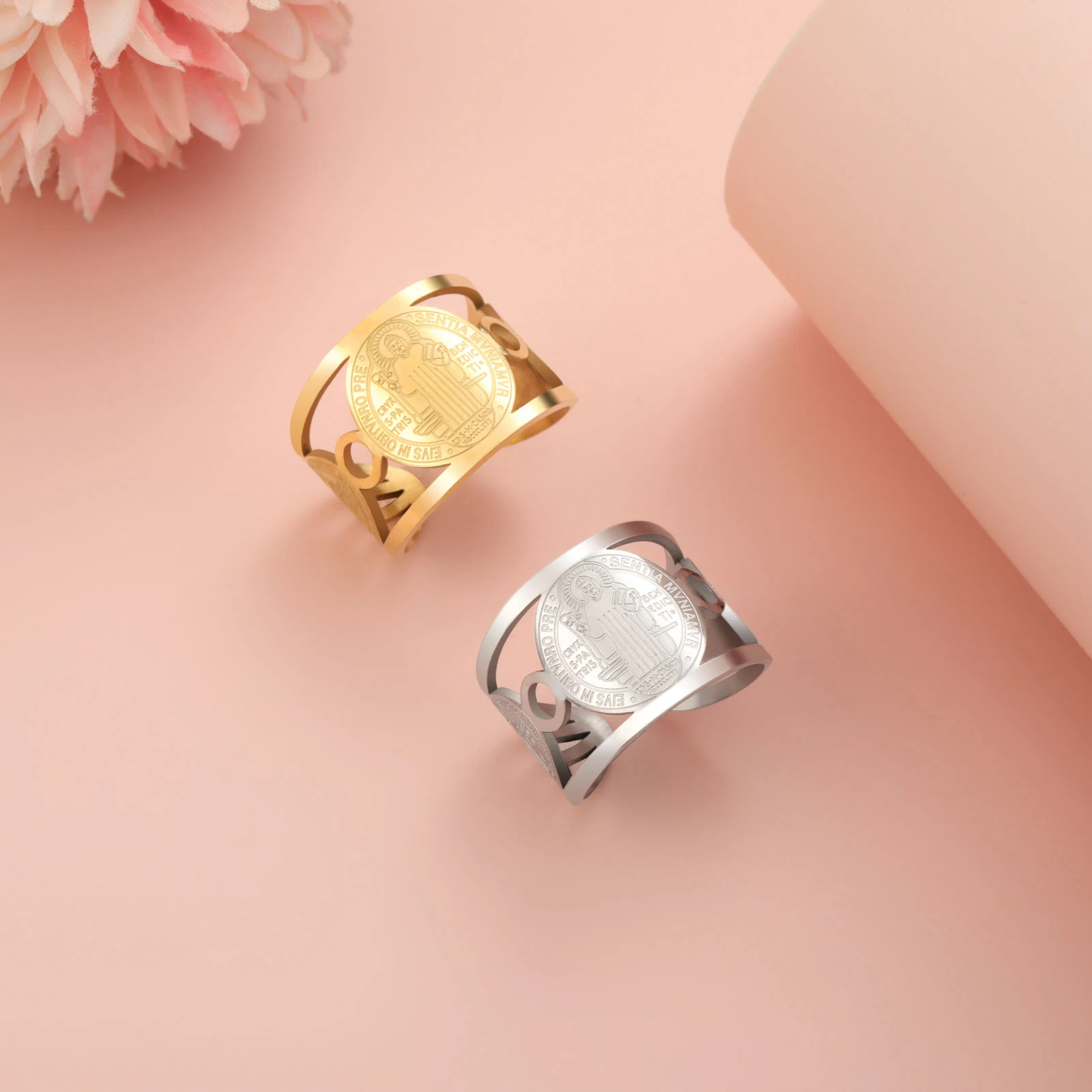 Saint Benedict of Nursia Ring Stainless Steel Finger Ring Holy Catholicism Religious Amulet Jewelry Gift for Men Women