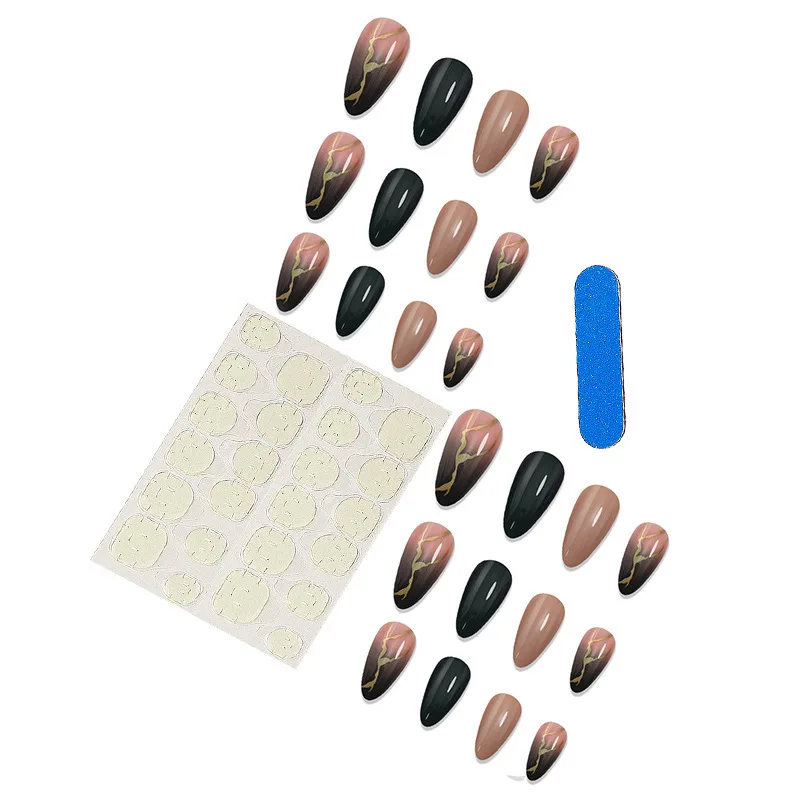 Almond Press on Nails Medium French Tips Fake Nails Matte Acrylic False Nails with Gold Foil Designs Full Cover Gradient Color