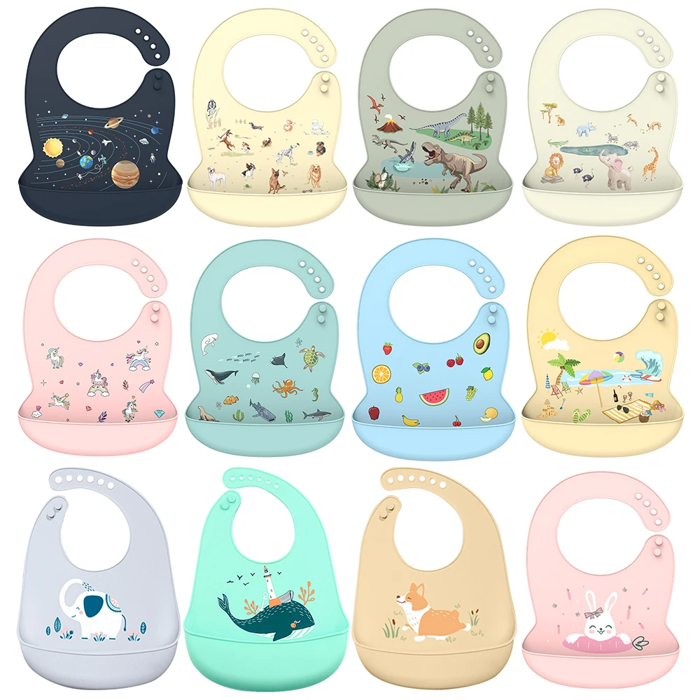 New design Silicone Bibs Waterproof Saliva Dripping Cartoon Aprons  Adjustable Different styles Feeding Newborn Baby Bibs