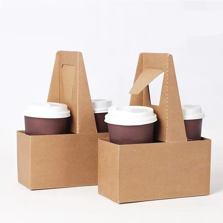 Custom Logo Disposable Takeaway 2 4 Corrugated Kraft Paper Drink Coffee Cup Carrier Holder With Handle