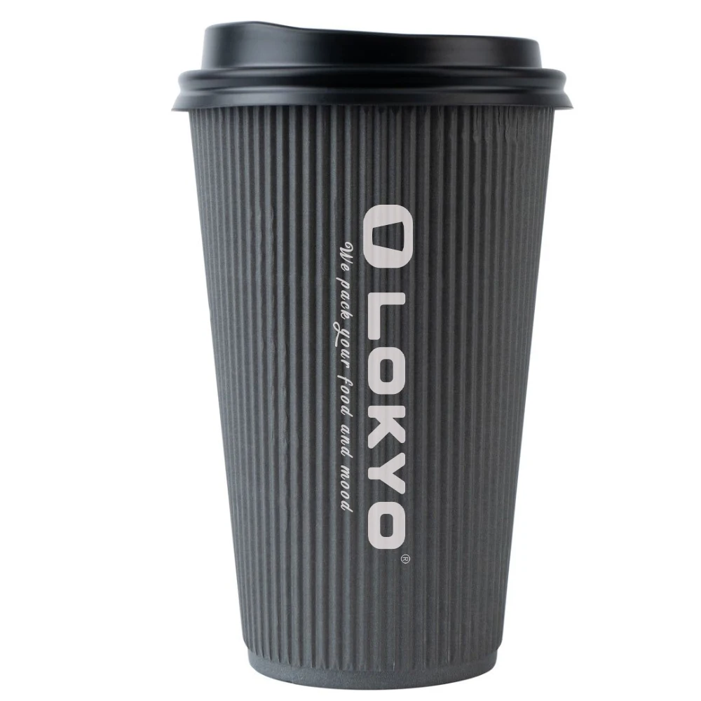 LOKYO Food grade eco friendly take away pla 8 10 12 16 20 oz disposable black ripple double wall hot coffee paper cup with lids