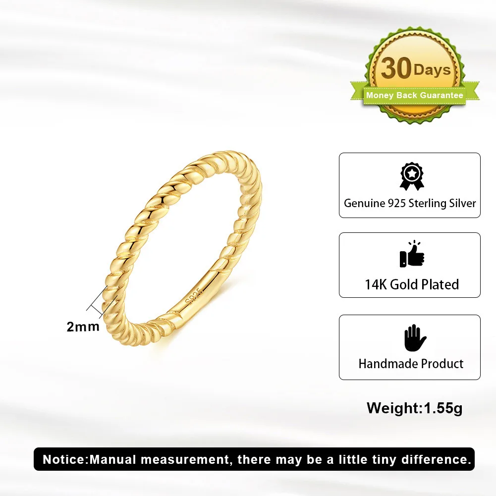 RINNTIN APR24 US Size 5 6 7 8 Thin 2mm 14K Gold Plated 925 Sterling Silver Twisted Rings Stackable Wedding Band for Women Girls
