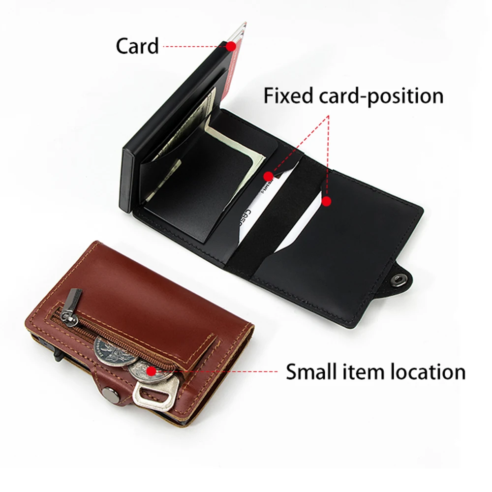 High Quality Oil Wax Smooth Real Leather Pop up Slim Card Holder Wallet Business ID Card Aluminium RFID Protected Smart Wallet