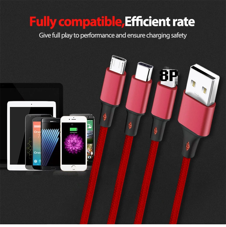 Free Sample 1.2m 3ft Nylon Braided USB Charging Cable 3 in 1 Micro 8Pin Type C Cable Data Charger Cable for phone
