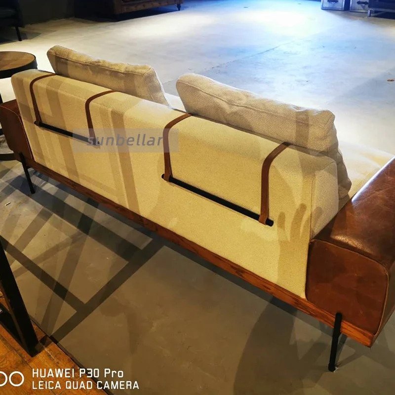 vintage fabric sofa genuine leather armrest wooden base with metal legs European style living room sofa white cotton linen