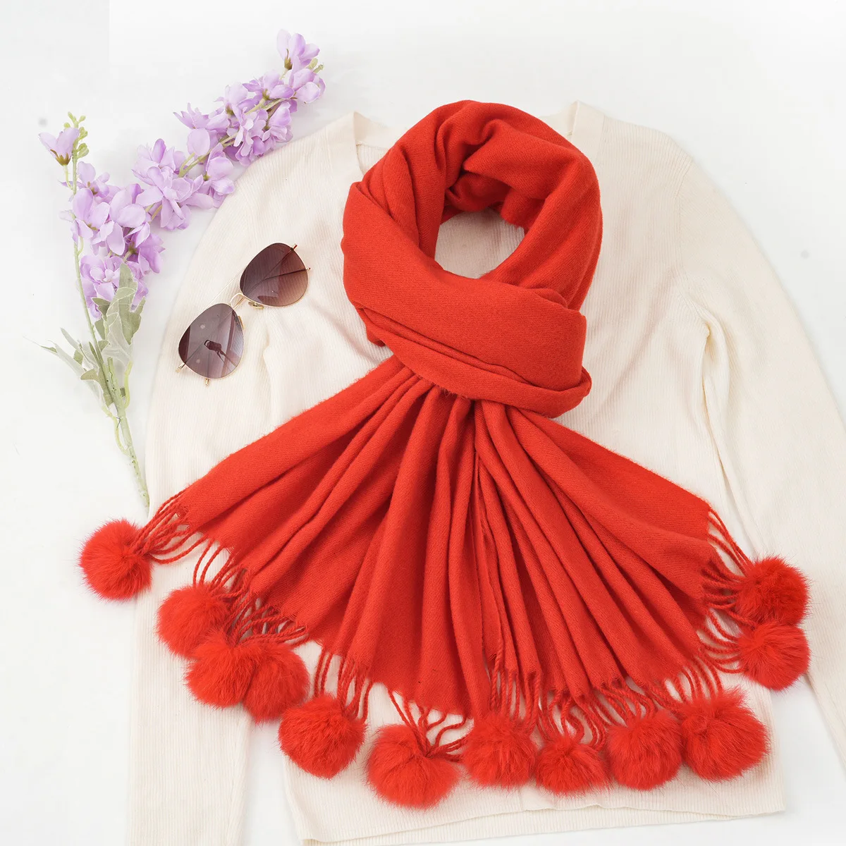 Custom Women Shawl Winter Thick Warm Wraps and Capes With Fur Ball Pom Pom Female Imitation Cashmere Pashmina Scarves