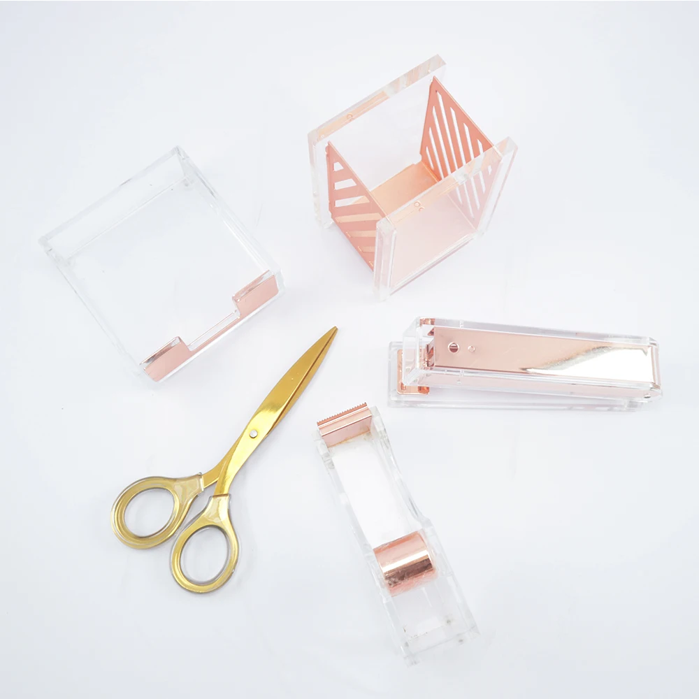 Elegant Office Desk Set Clear Acrylic Stationery Organizer Pen Holder Memo Note Holder Paper Clip Tape Dispenser Stapler Staples