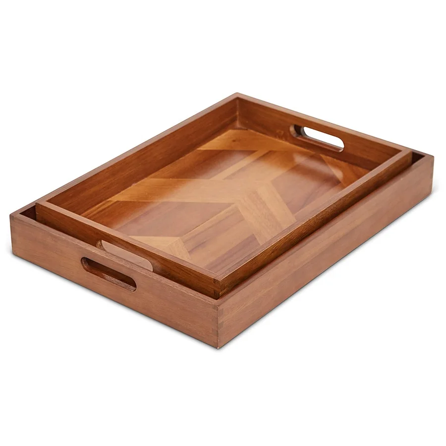 Luxury wholesale premium wood serv tray plate 2 pcs wooden serving tray set with handles