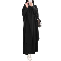 New Arrivals Plain Color Chiffon 2 piece Closed Abaya Set with Hood Silk Islamic Clothing Women Black Muslim Pants Long Dress