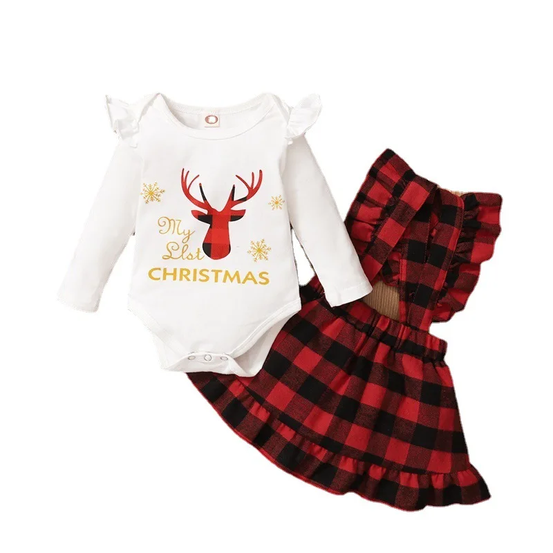 Baby Clothing Set Girls Autumn And Winter Popular Christmas Print Long Sleeve Top + Plaid Suspender Skirt Three Pieces