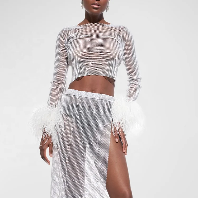 Sexy Crew neckline Long Sleeve Ostrich Turkey Feathers Rhinestone Crop Top High Low Side Slit Maxi Long Skirt