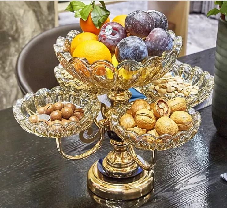 Classic Quality Luxury Creative Glass Dried Fruit Candy Plate 2-layer metal tray