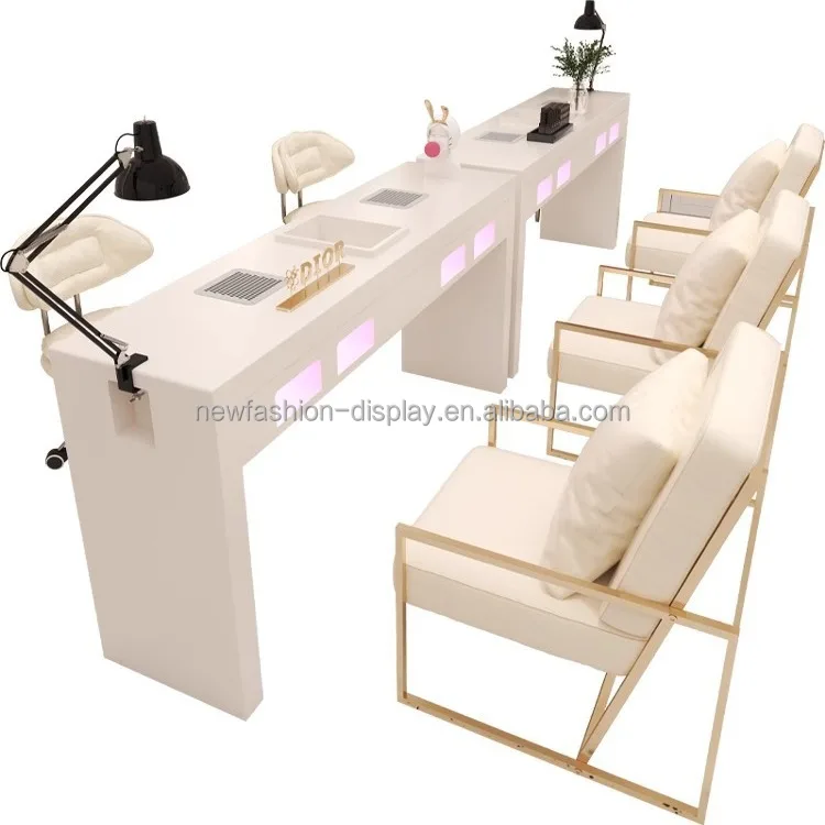 Cream Style Manicure Table and Chair Set Nail Tech Desk Manicure Table with Grill Lamp Socket Vacuum Cleaner