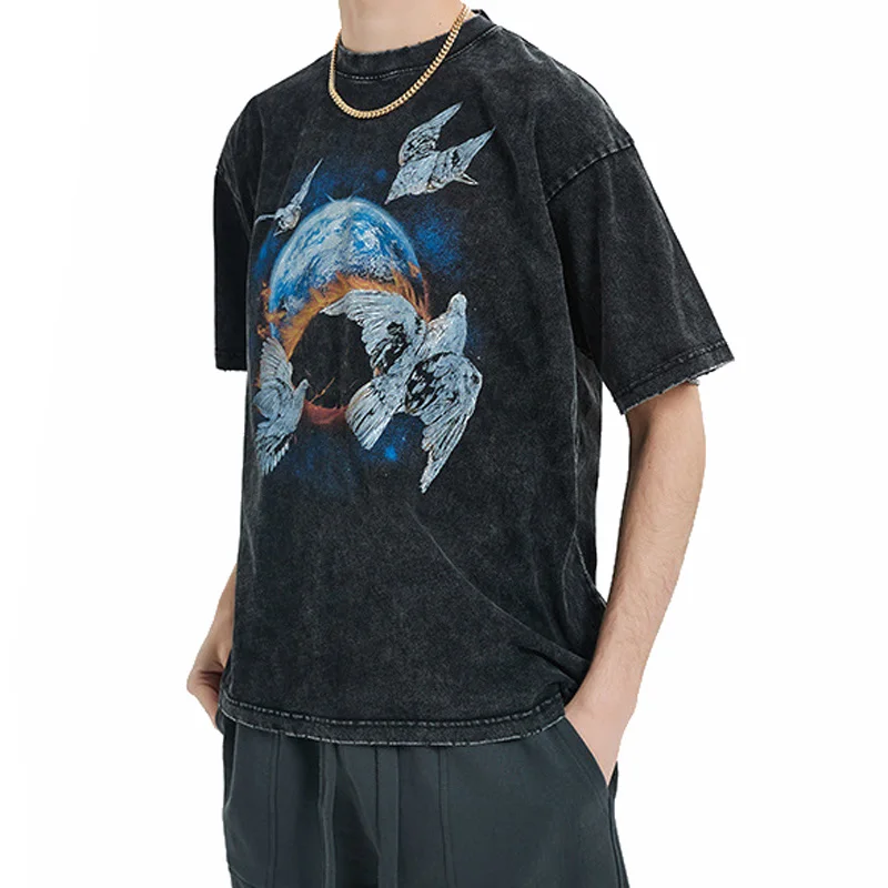 250gsm Casual Vintage Style Blank  Batik Solid Color Loose Short Sleeves Tshirt 100% Cotton Vintage Unisex Graphic T Shirt Man