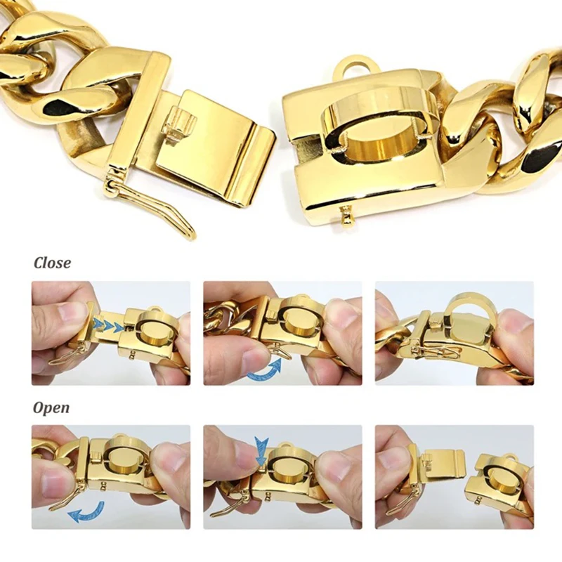 Factory Stainless Steel Chew Proof  19MM Gold Dog Chain Collar Metal with Design Secure Buckle for Dogs Cats