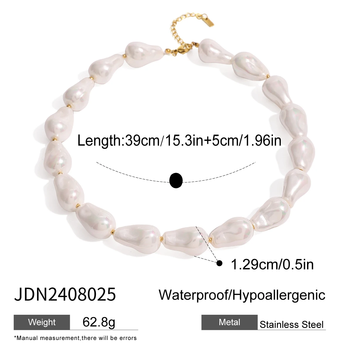 J&D 18k Gold Stainless Steel Pearl and Colorful Water Drop Pearl Necklace 39+5cm Vibrant Fashion Jewelry