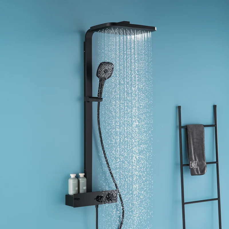 Cold And Hot Water Brass Rain Mixer Black System Thermostatic Shower Set