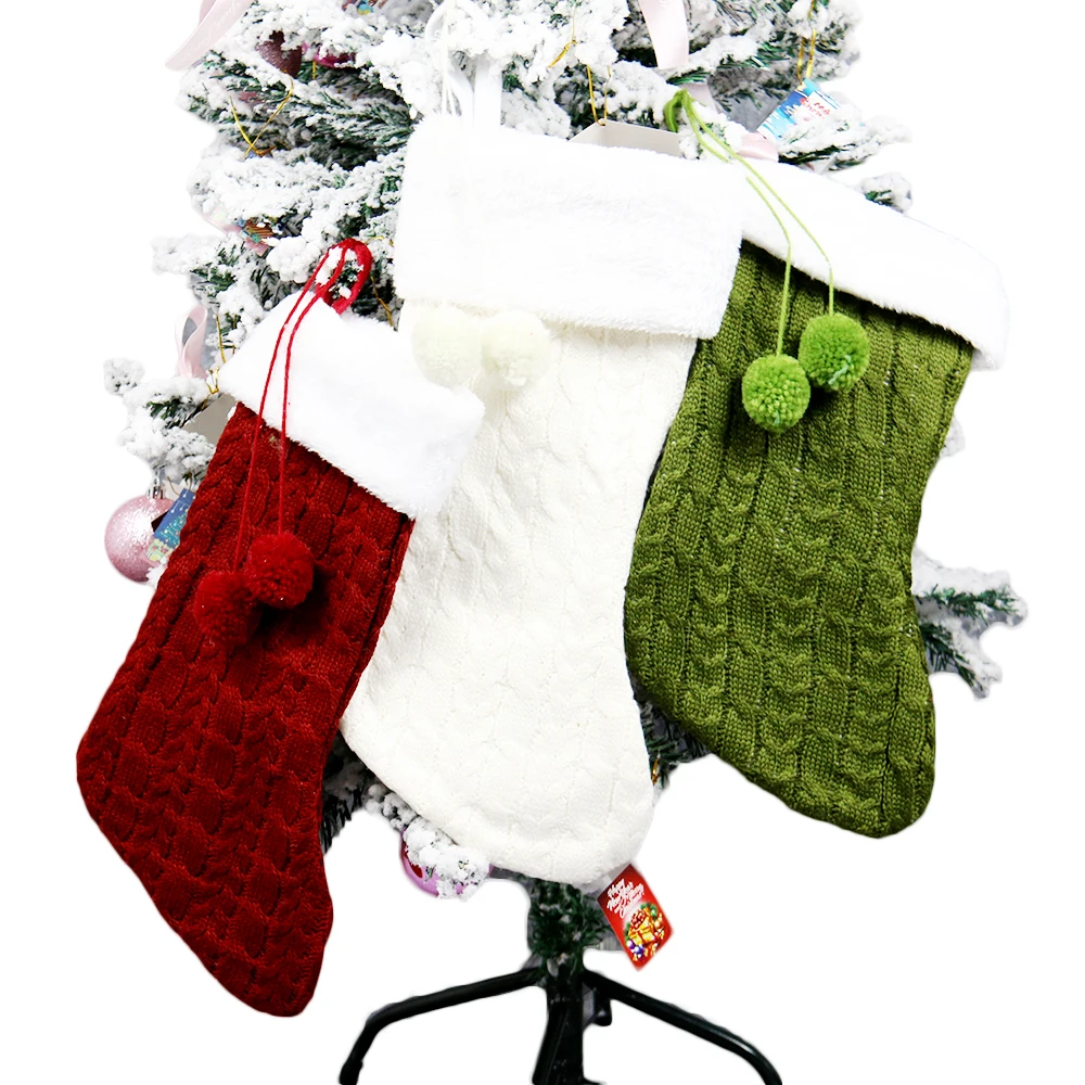 16 Inches Plush Cuff Personalized Needlepoint Xmas Santa Socks Cable Knitted Christmas Stockings