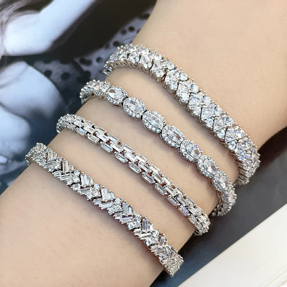 Triangular cut zircon combination diamond with round zircon silver 925 tennis bracelet 925 sterling silver
