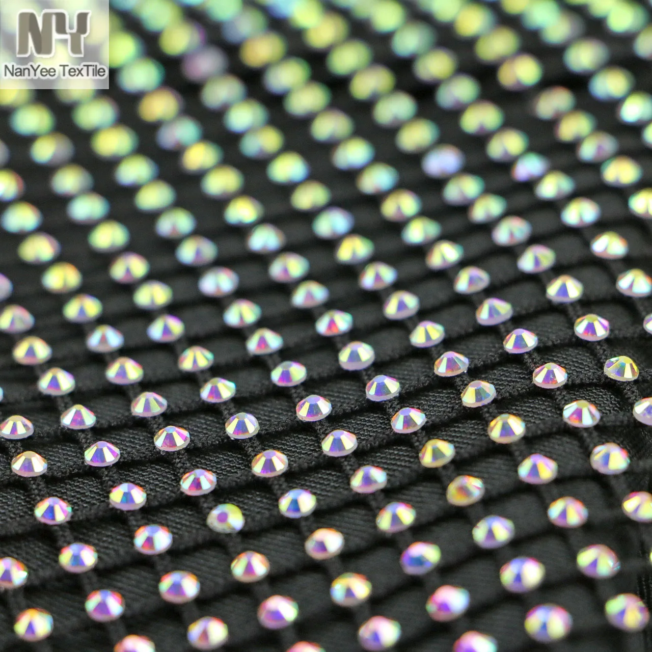 Nanyee Textile Luxury AB Colorful Stretch Foiled Rhinestone Mesh Fabric