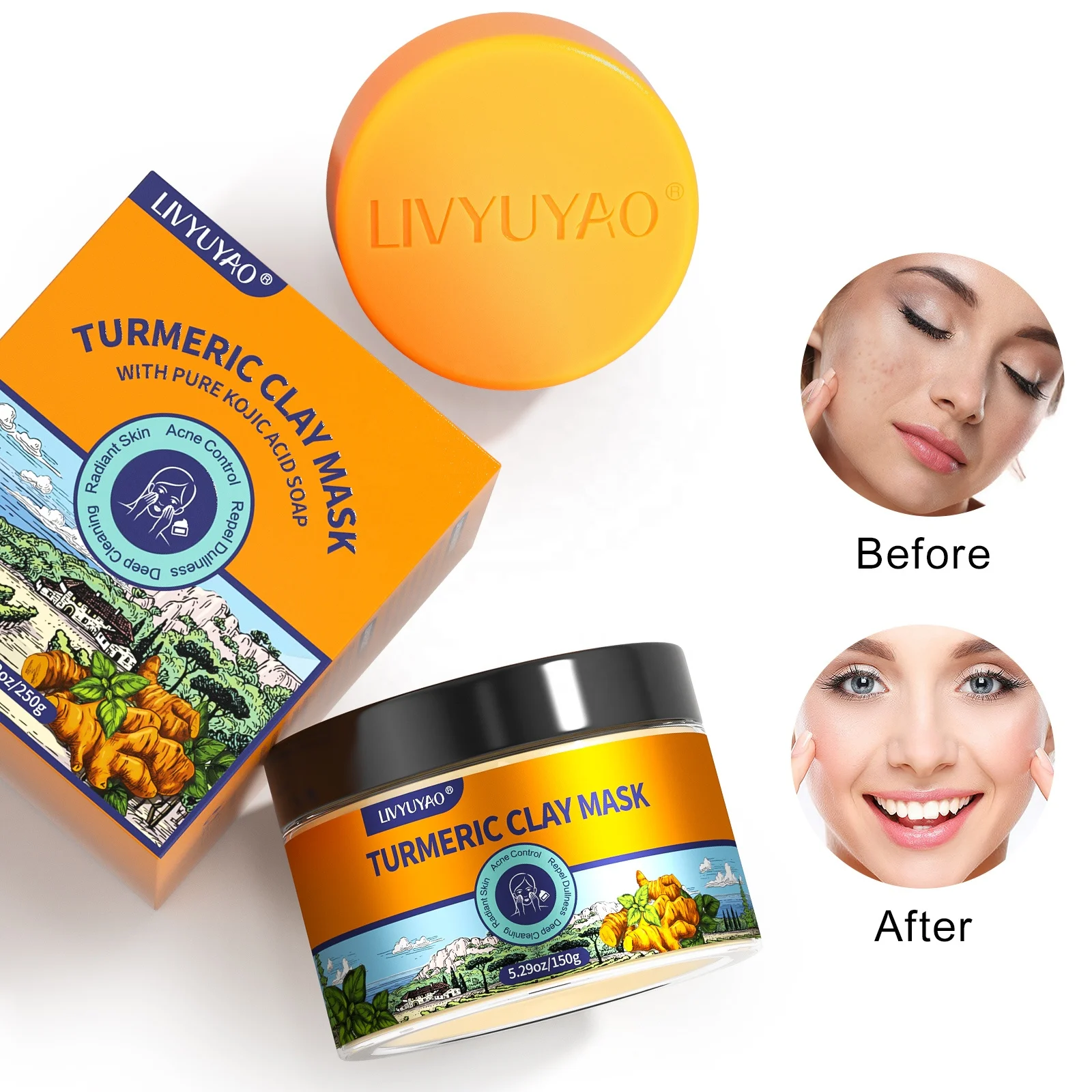 Acne Dark Spots Turmeric Clay  Vitamin C Mud Facial Mask For Blackheads Wrinkles Hydrating Cleansing pure kojic acid soap