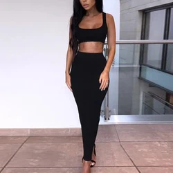 Summer solid color knitted suit crop top vest and high waist skirt two-piece women casual sexy tights set